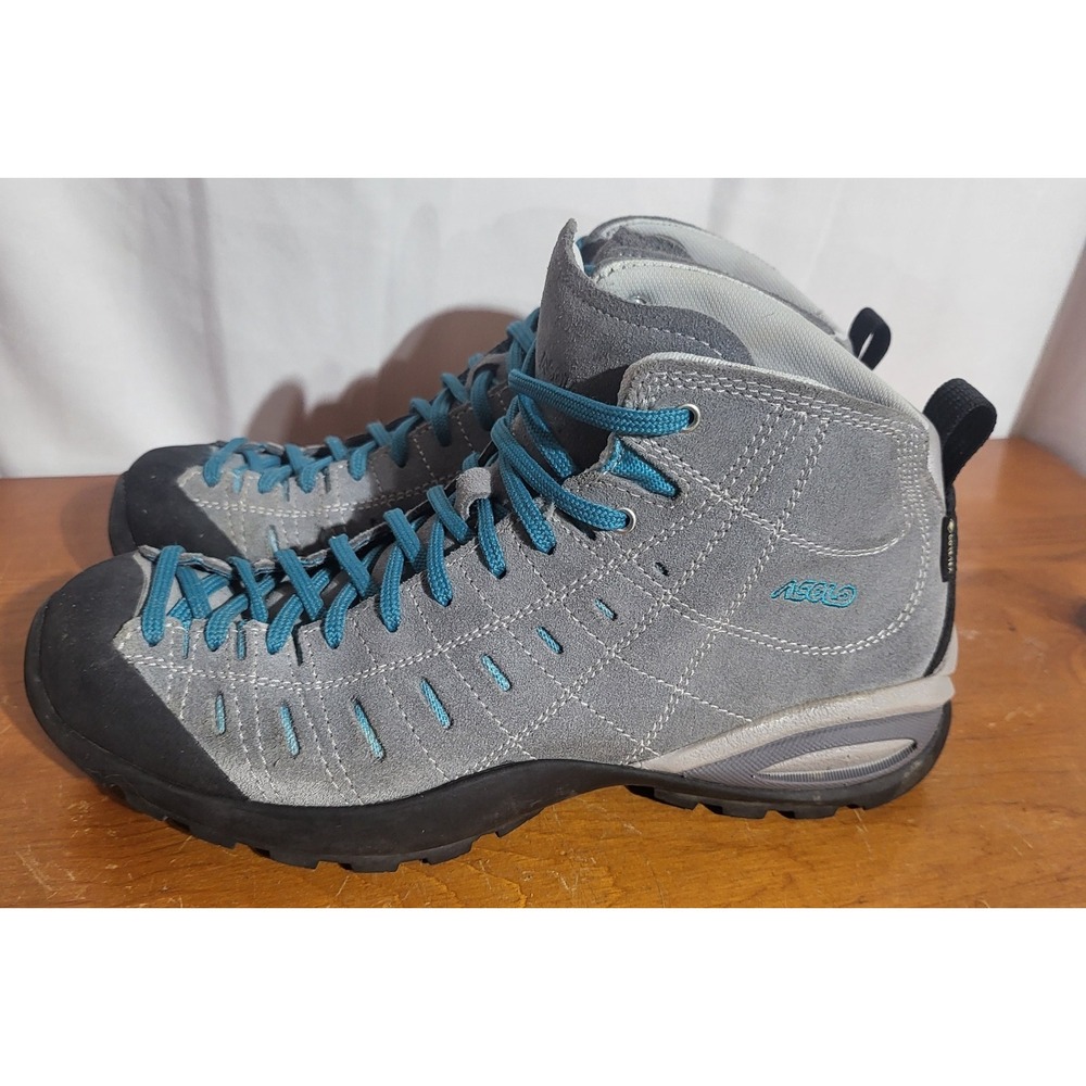 Asolo Womens Gore-Tex Hiking Shoes Size 8 Gray / Teal Suede Mid Trail ~Vibram
